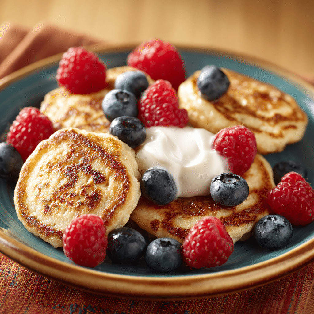 Protein pancake bites topped with fresh berries on a white plate