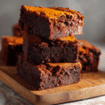 Freshly baked pumpkin brownies cooling in an 8x8 parchment-lined pan on a marble countertop