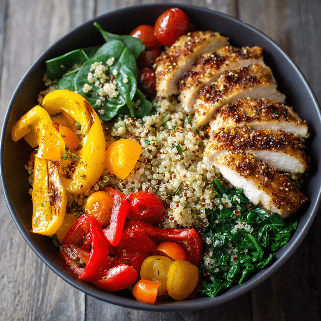 Quinoa bowl with chicken, tofu, and colorful fresh vegetables