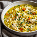 A steaming bowl of chicken noodle soup with egg noodles, shredded chicken, vegetables, and fresh parsley garnish, served in a cozy setting.