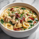 Marry Me Chicken Soup Recipe with creamy broth, shredded chicken, pasta shells, sun-dried tomatoes, and Parmesan in a rustic bowl