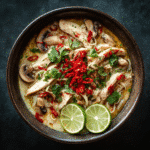 A steaming bowl of Thai Chicken Soup Recipe with sliced chicken, noodles, baby mushrooms, and crushed red peppers in a creamy coconut broth, garnished with coriander and lime.