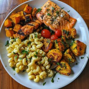 Family-friendly gluten free meal with mac and cheese, salmon, and sides
