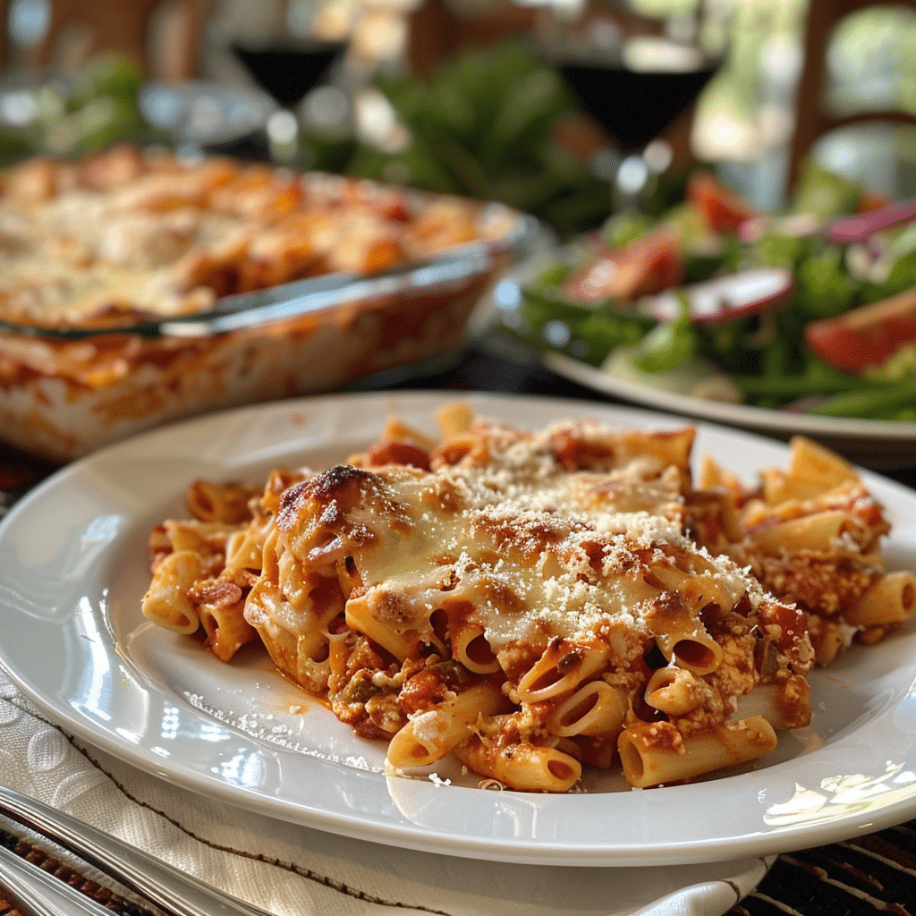 Family-friendly gluten-free baked ziti served at dinner