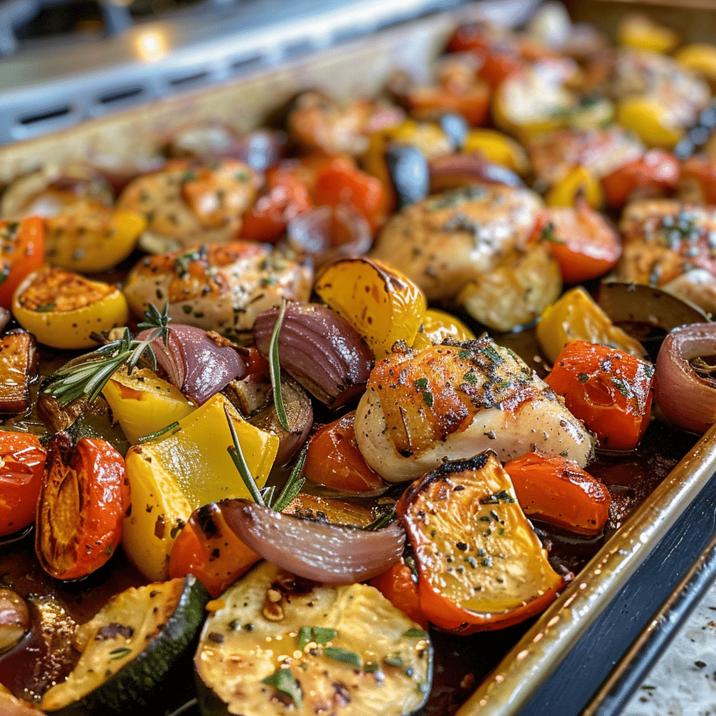 Preparing one-pan gluten free meal with vegetables and chicken