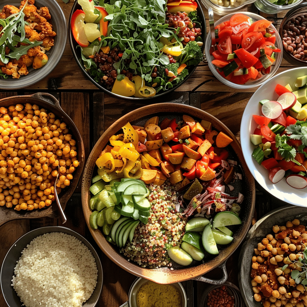 Colorful vegetarian gluten free recipes dinner spread