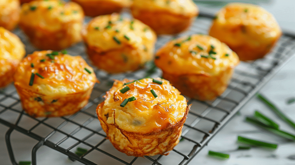 Baked cottage cheese egg bites on wire rack garnished with chives