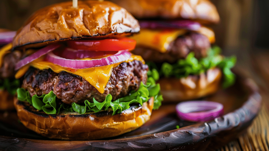 bison burgers on rustic plate with toppings