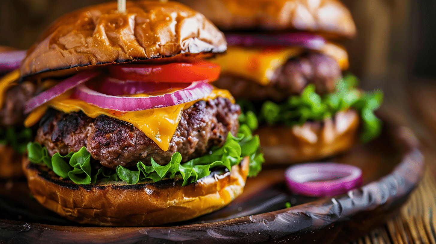 bison burgers on rustic plate with toppings
