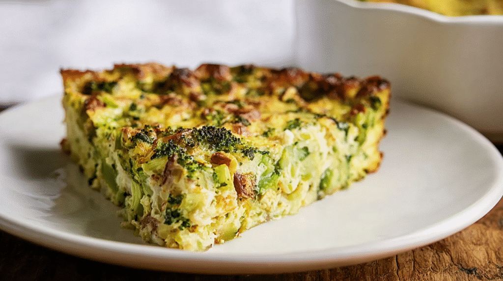 Baked broccoli kugel in a ceramic dish