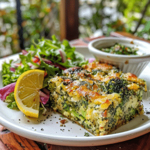 Finished broccoli kugel in a glass dish