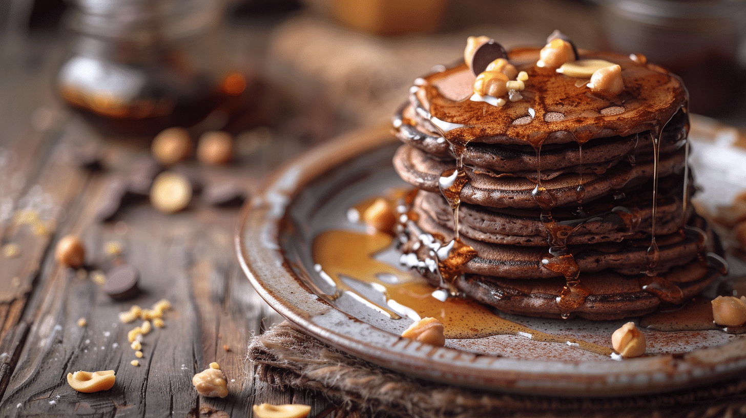 chocolate peanut butter chickpea pancakes stacked with syrup