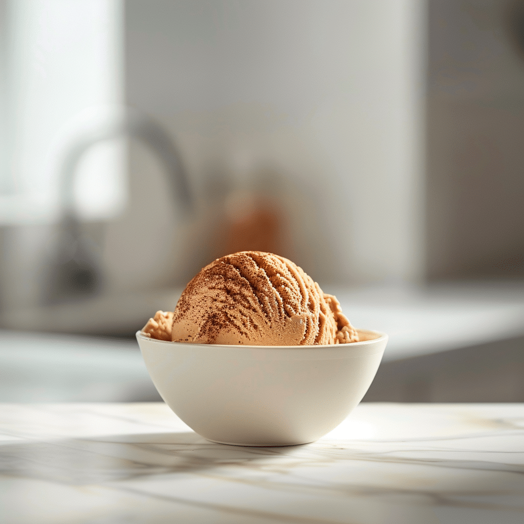 Cottage cheese ice cream with cocoa and peanut butter swirl in a white bowl