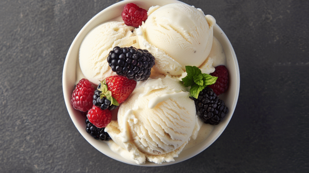 Cottage cheese ice cream served in a white bowl with berries