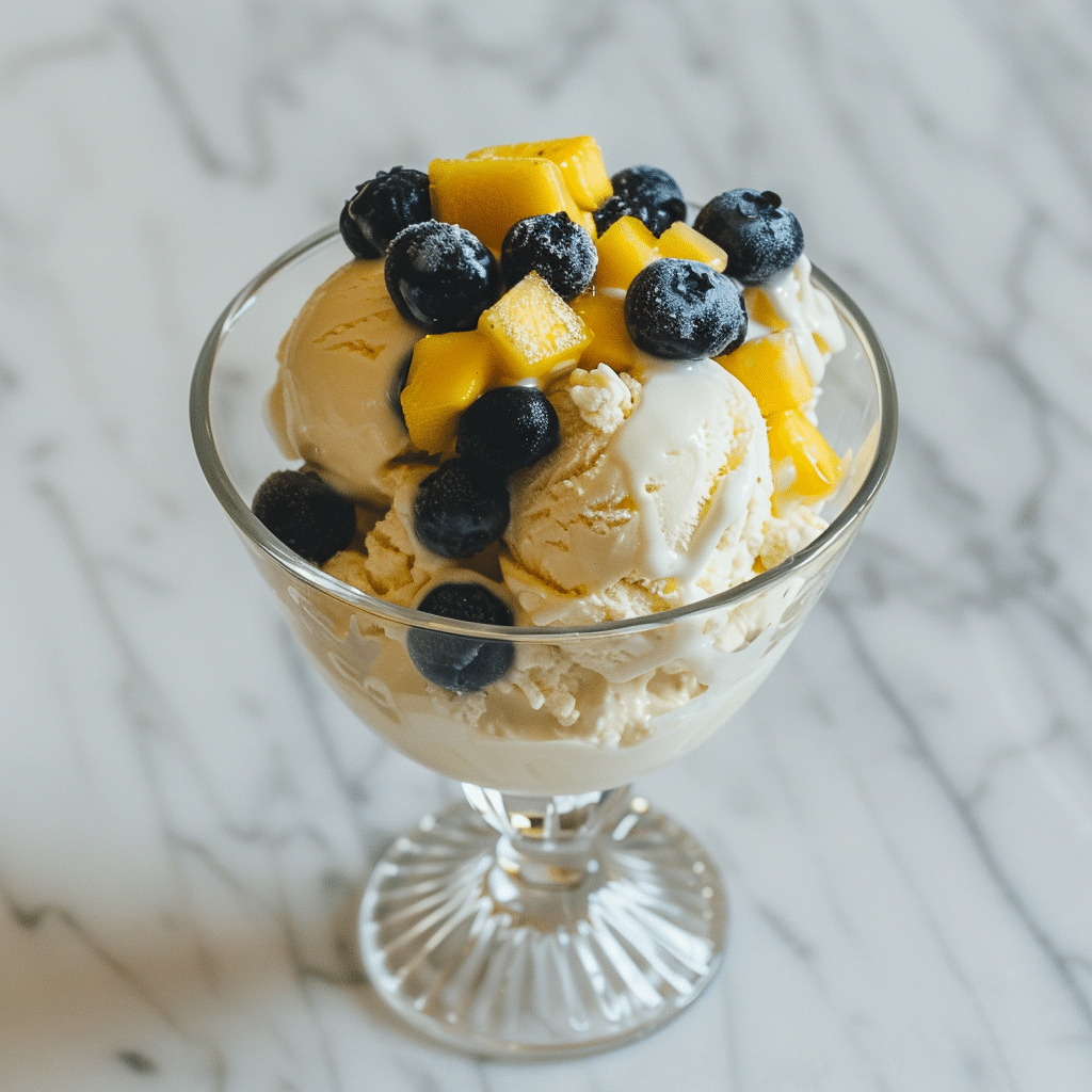 Cottage cheese ice cream blended with frozen mango and blueberries in a glass bowl