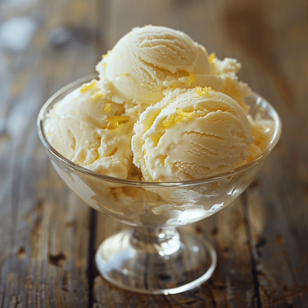 Lemon zest and honey cottage cheese ice cream in a glass bowl