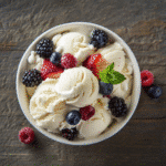 Cottage cheese ice cream scoops with recipe steps on seamless background