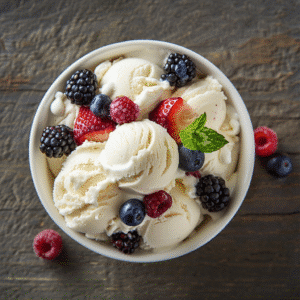 Cottage cheese ice cream scoops with recipe steps on seamless background
