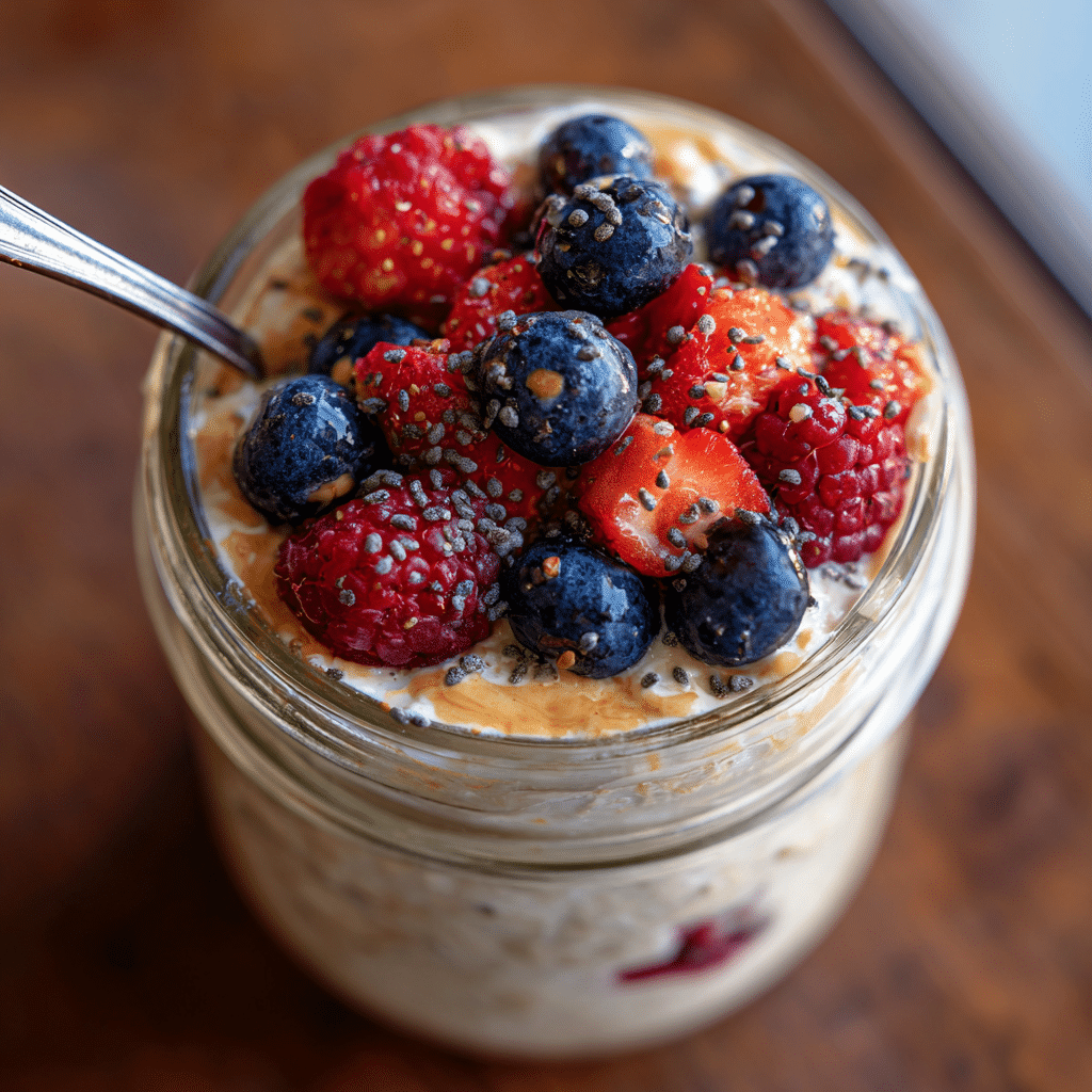 Cottage cheese overnight oats with berries in a jar