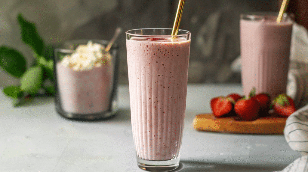Cottage Cheese Smoothie Recipe in tall glass with fruit
