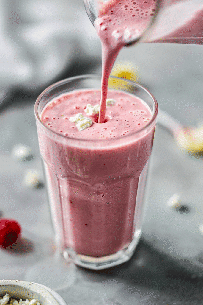 Pouring cottage cheese smoothie from blender