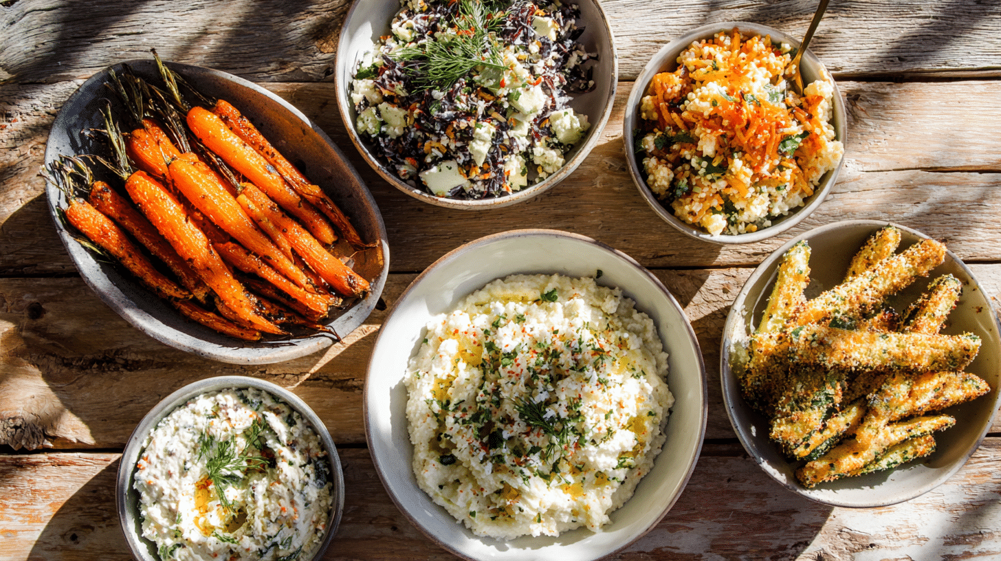 Easy gluten free sides on a rustic dinner table