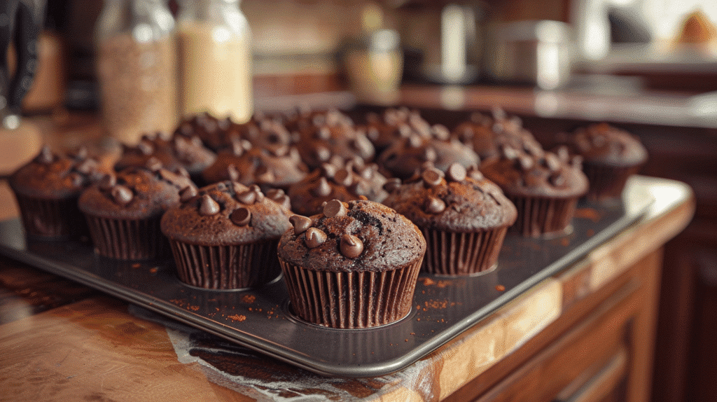 Flourless double chocolate muffins on kitchen tray