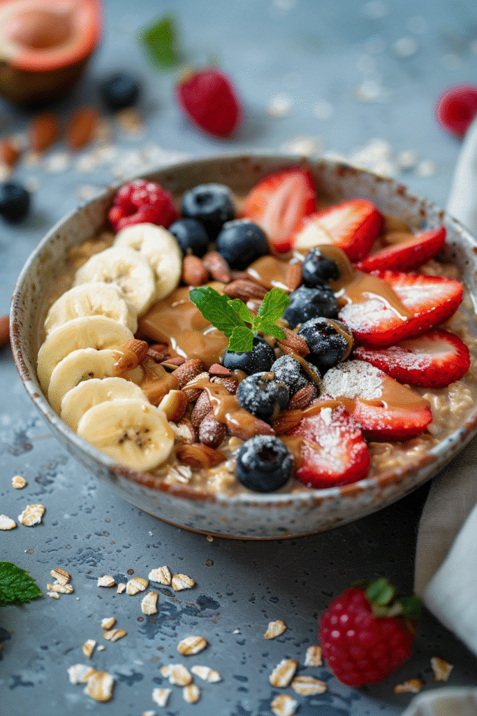 topping overnight oats with banana and berries
