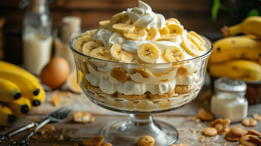 Featured image of gluten free banana pudding layered in a trifle bowl