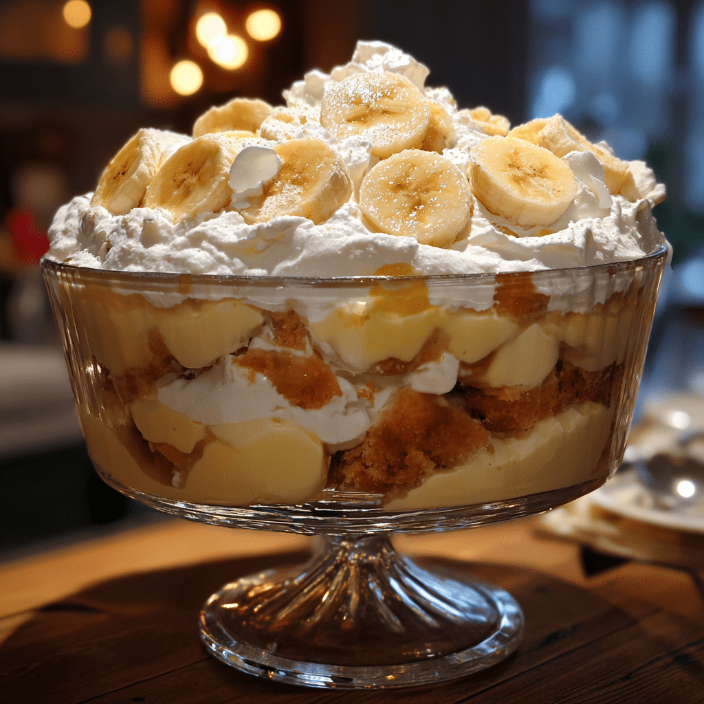 gluten-free banana pudding in a glass trifle bowl