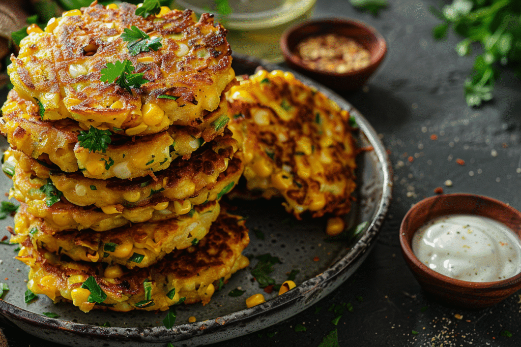 Gluten free corn fritters stacked on a plate with sauce