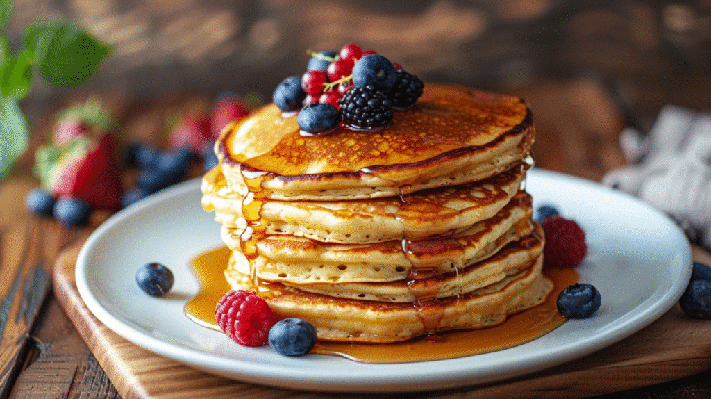 Gluten free cottage cheese pancakes with syrup and berries