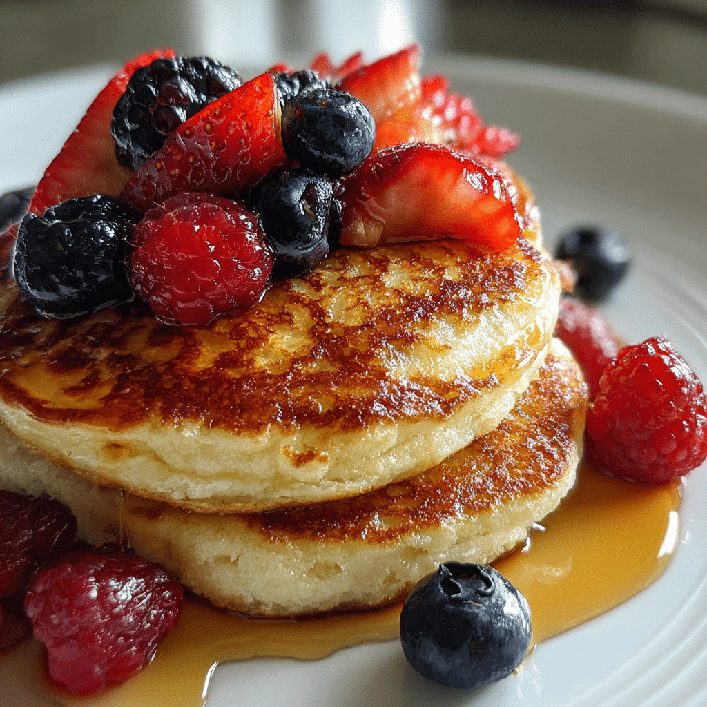 Gluten free cottage cheese pancakes with maple syrup and berries