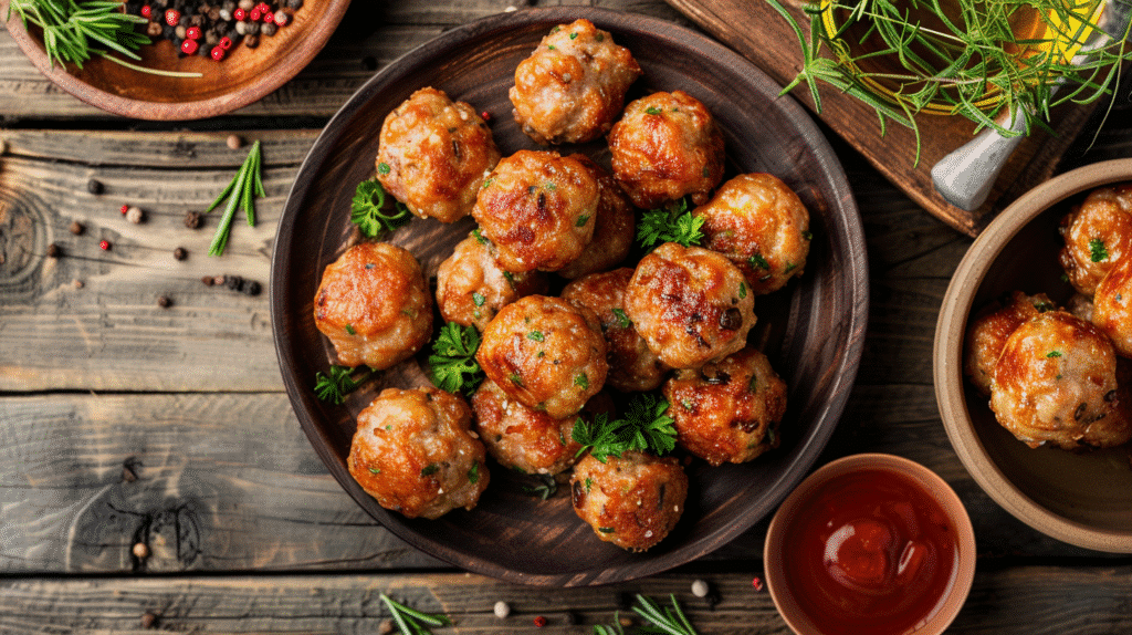 Gluten free sausage balls served on a rustic platter