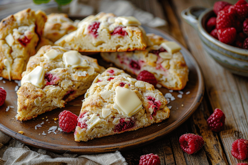 gluten free white chocolate raspberry scones fresh on a plate