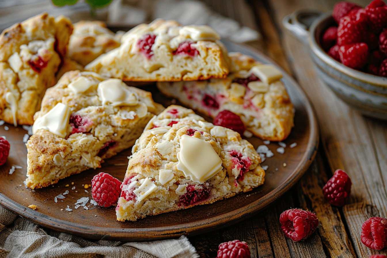 gluten free white chocolate raspberry scones fresh on a plate