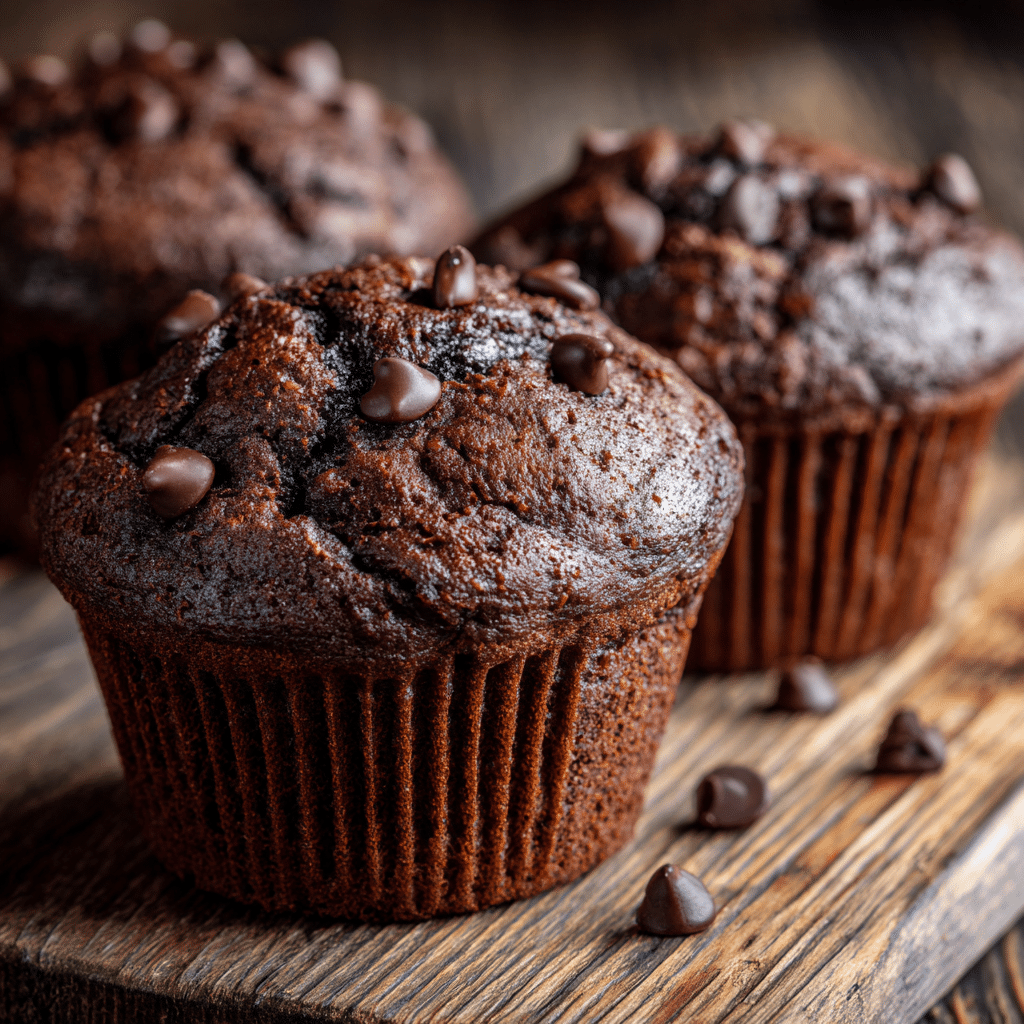 The best healthy double chocolate muffins flourless on wooden table