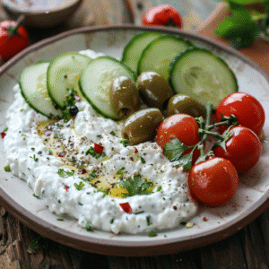 Plated whipped cottage cheese dip with fresh vegetables