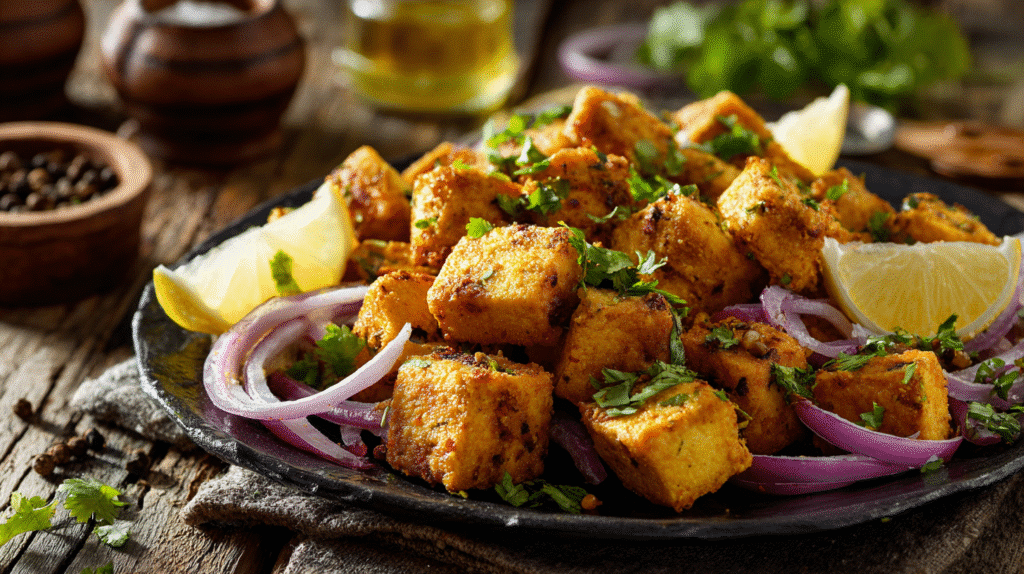 Indian tofu koliwada served on a rustic plate