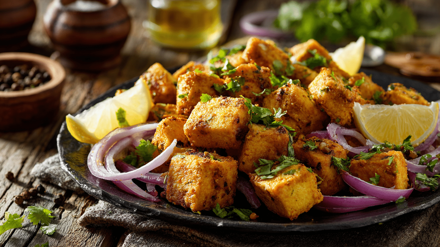 Indian tofu koliwada served on a rustic plate