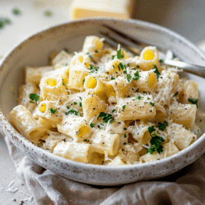 cottage cheese pasta sauce served over rigatoni in a white bowl