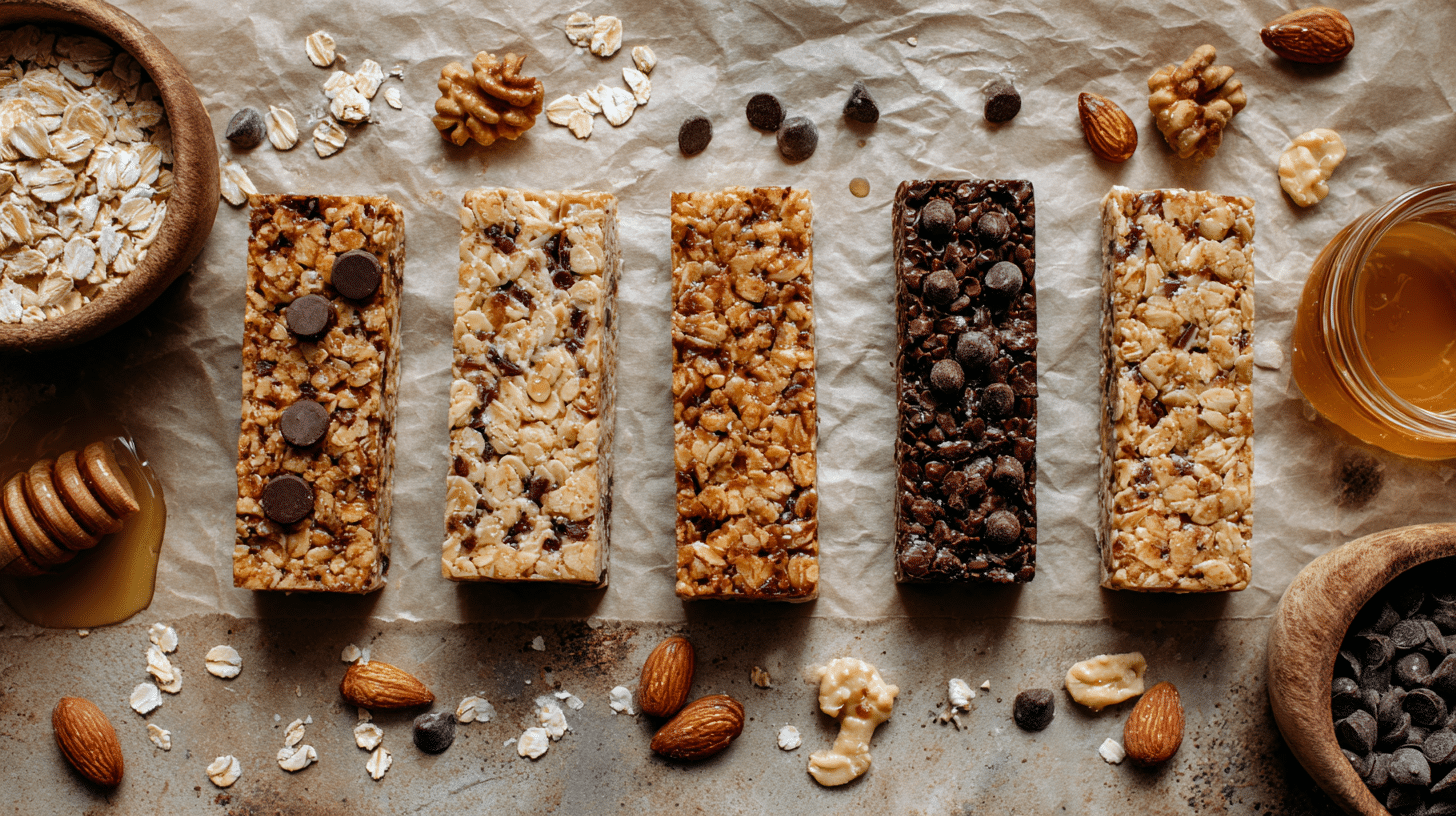 Assorted chewy and crunchy granola bars with mix-ins