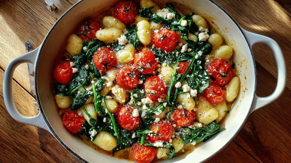 Mediterranean gnocchi easy healthy dinner in rustic pan