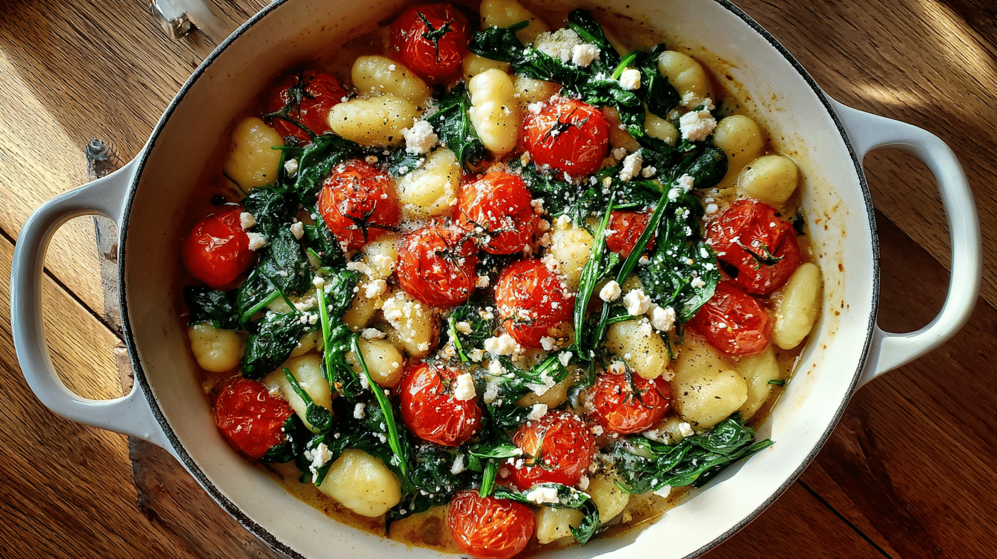 Mediterranean gnocchi easy healthy dinner in rustic pan