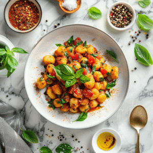 Mediterranean gnocchi recipe card with full steps and ingredients