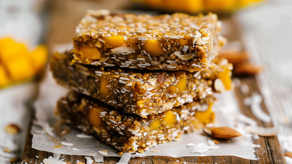 paleo mango coconut almond protein bars stacked on a wooden board