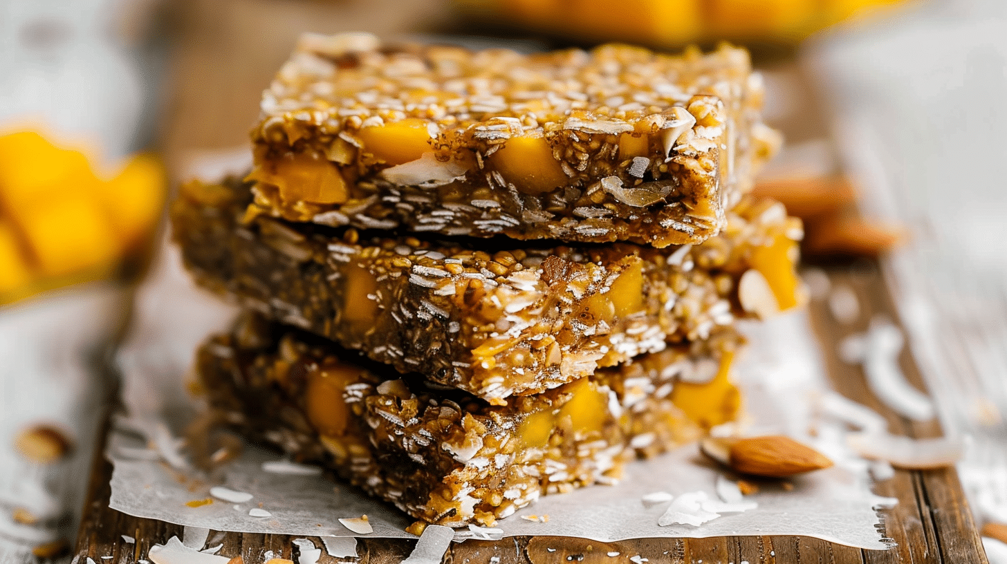 paleo mango coconut almond protein bars stacked on a wooden board