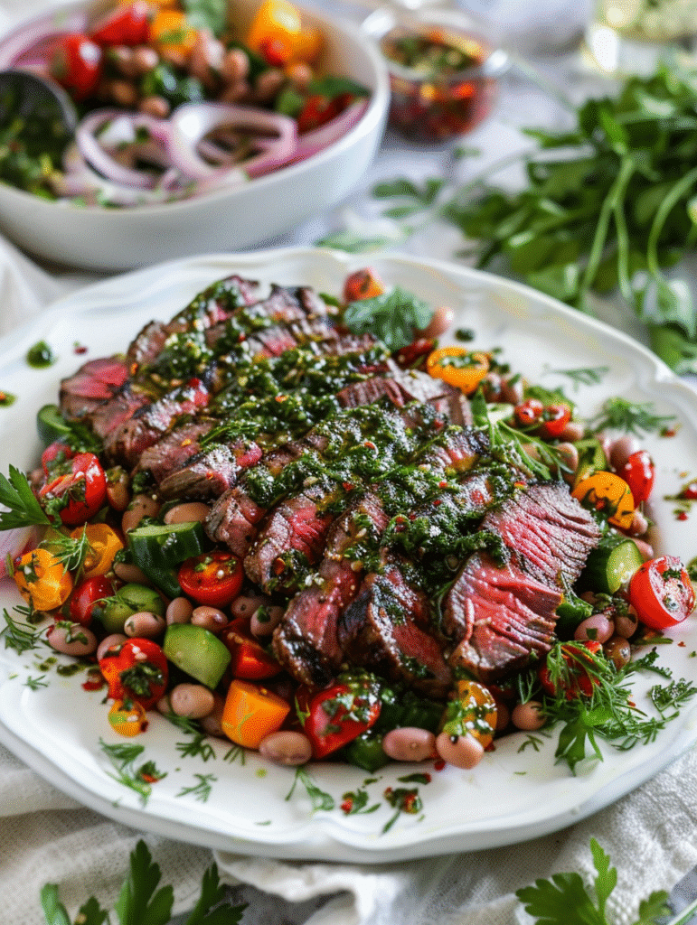 plated steak chimichurri dense bean salad
