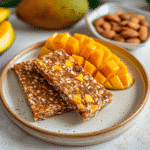 recipe card for paleo mango coconut almond protein bars