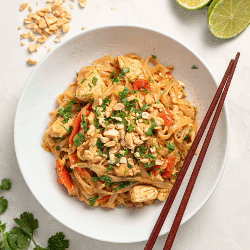 Served gluten-free chicken Pad Thai with garnishes